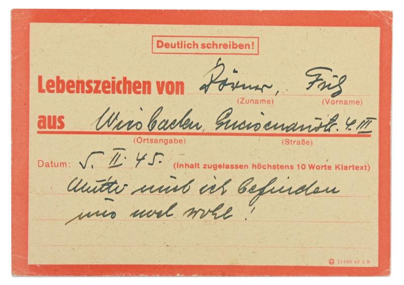 German Third Reich Message Card ''sign of life'