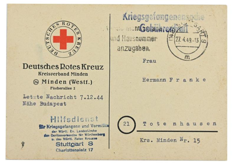 German DRK POW Message SS Soldier Panzerjager-Abteilung 8 (8. SS-Division)