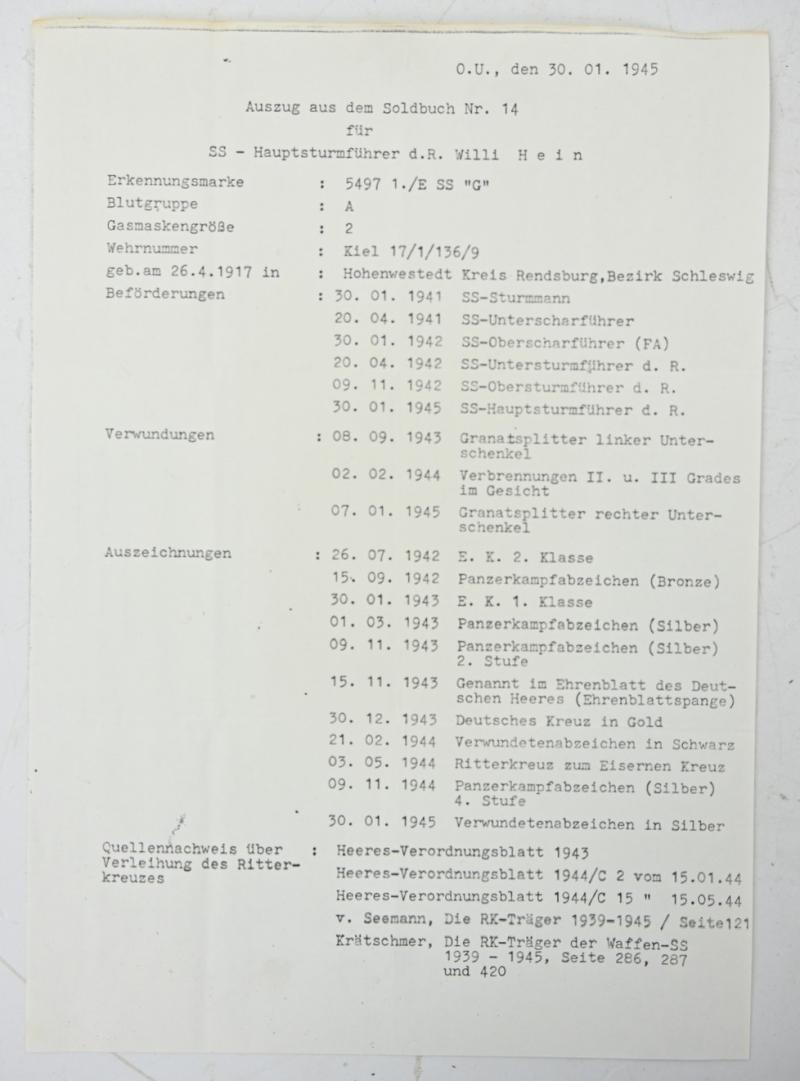 Signature of Wehrmacht/Waffen-SS KC-OLC Recipient 'Gerhard Hein'