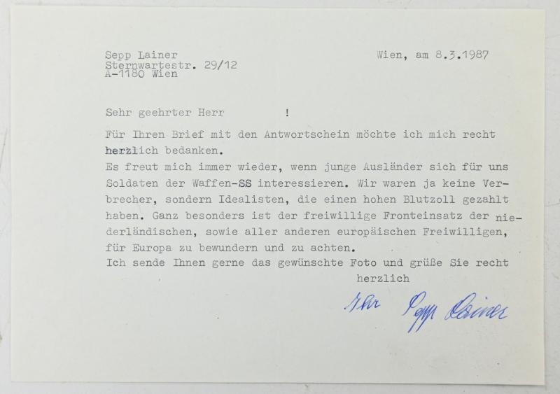 Signature of Waffen-SS KC Recipient 'Sepp Lainer'