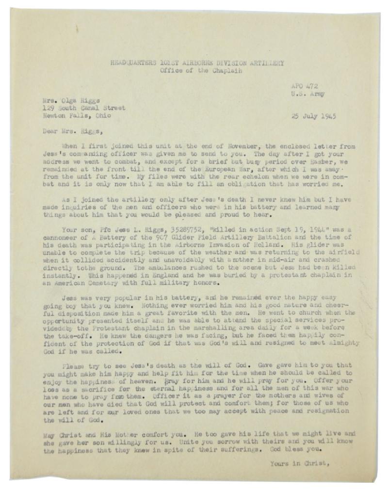 US WW2 Chaplain Letter 101st Airborne Division Mother of Jess L. Riggs