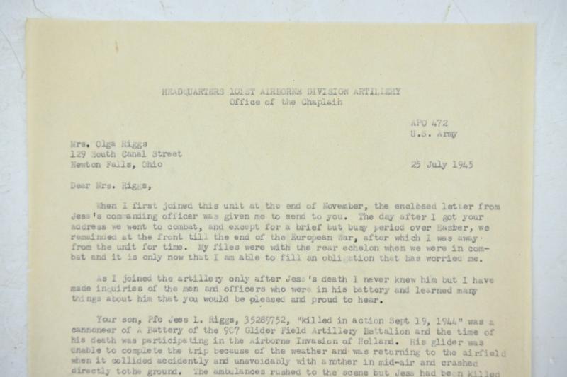 US WW2 Chaplain Letter 101st Airborne Division Mother of Jess L. Riggs