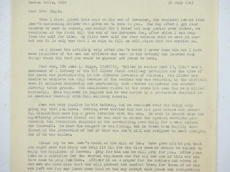US WW2 Chaplain Letter 101st Airborne Division Mother of Jess L. Riggs