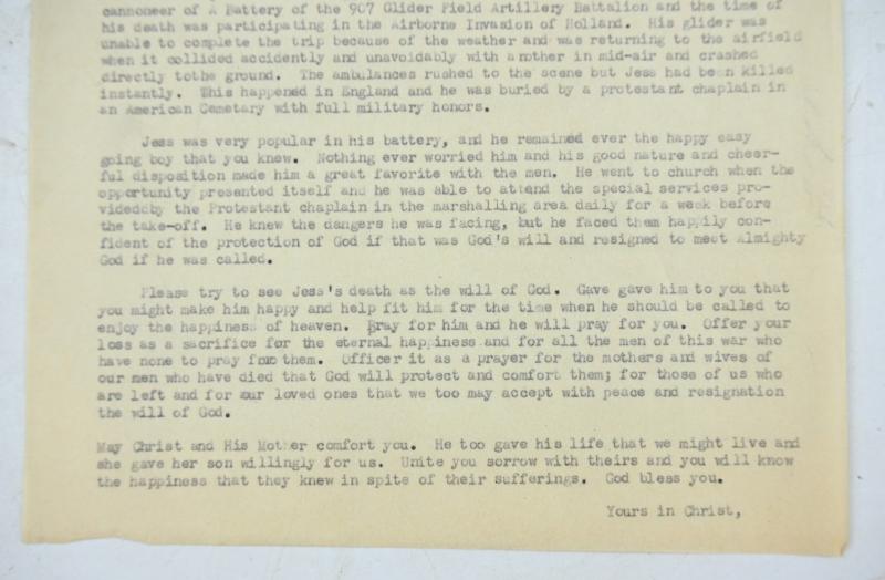 US WW2 Chaplain Letter 101st Airborne Division Mother of Jess L. Riggs