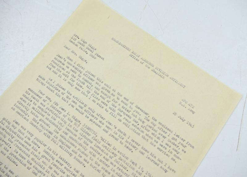 US WW2 Chaplain Letter 101st Airborne Division Mother of Jess L. Riggs