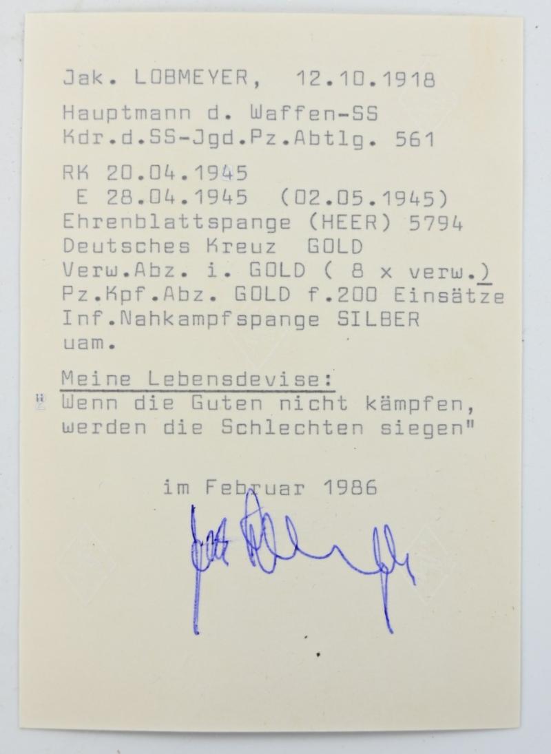 Signature of Waffen-SS Knight's Cross Recipient 'Jakob Lobmeyer'