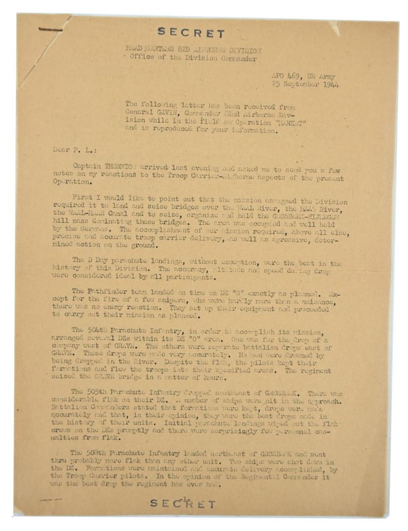 US WW2 82nd Airborne Division OMG Letter from General Gavin September 1944