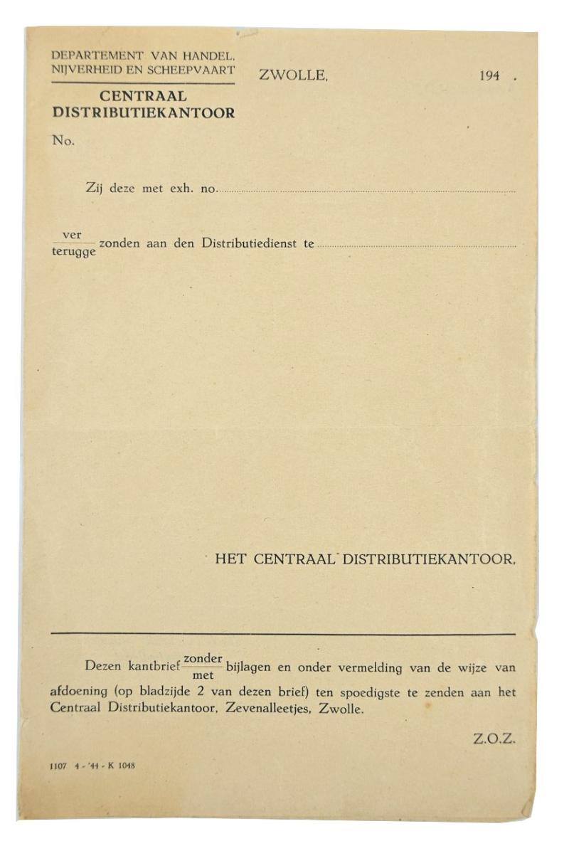 Dutch WW2 Distribution Office Paper Zwolle 1944