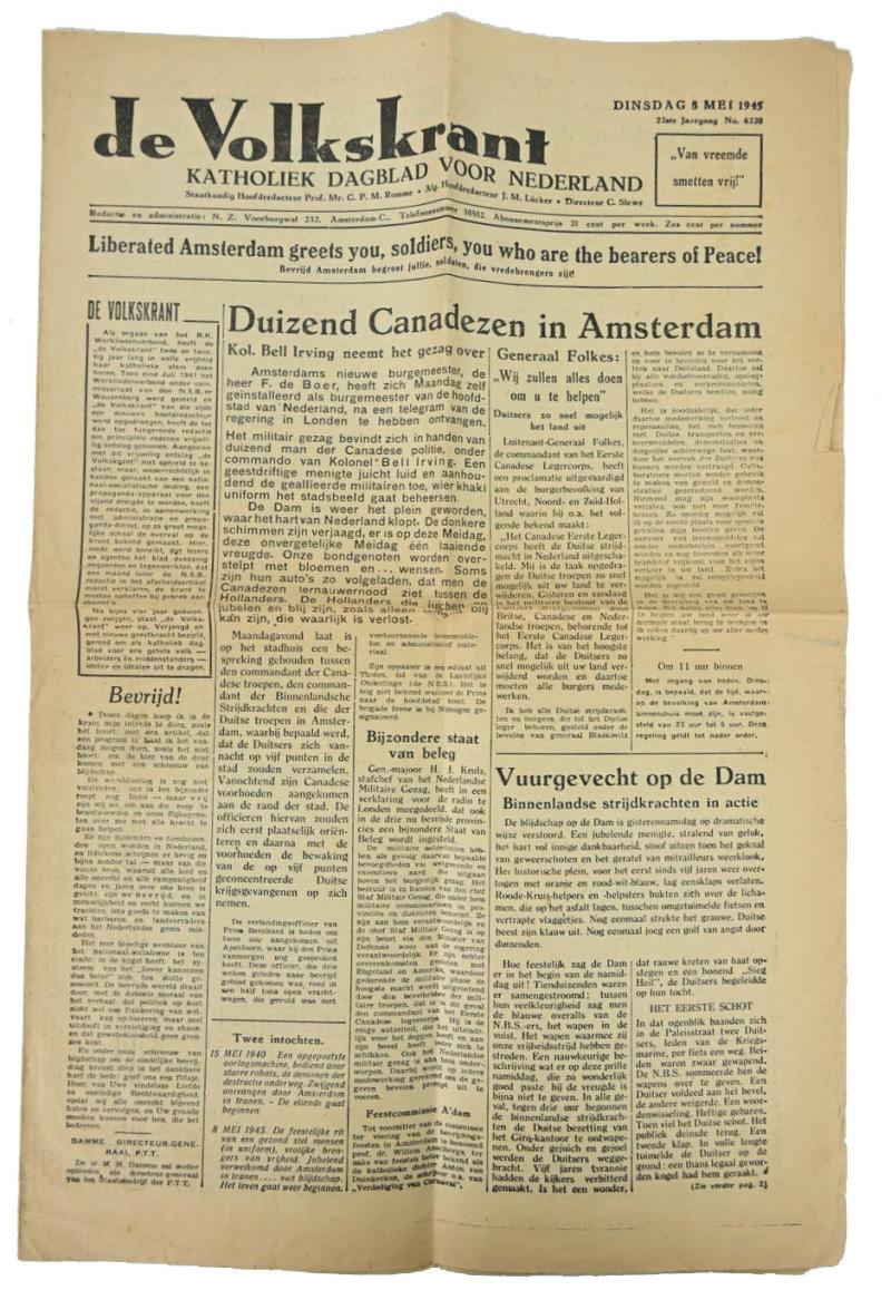 Dutch Newspaper 'De Volkskrant' May 8th, 1945