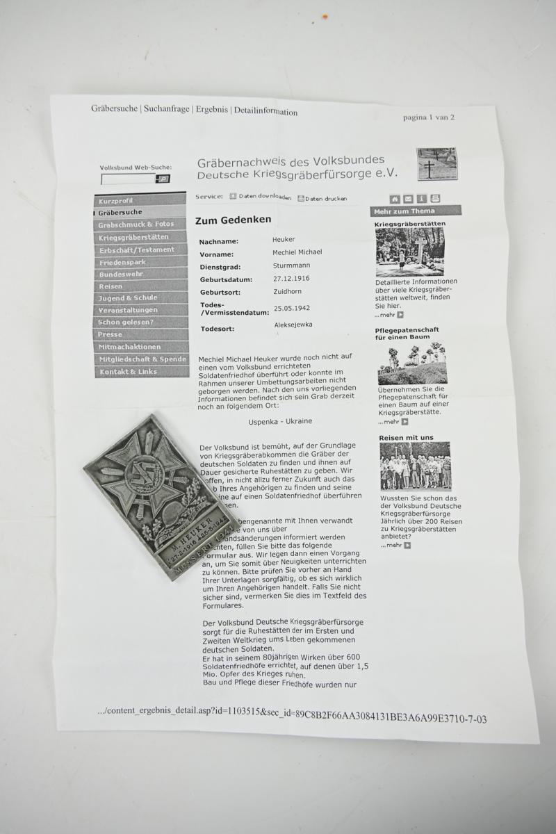 Dutch NSB Eastern Front Plaque 'Fallen Soldier'