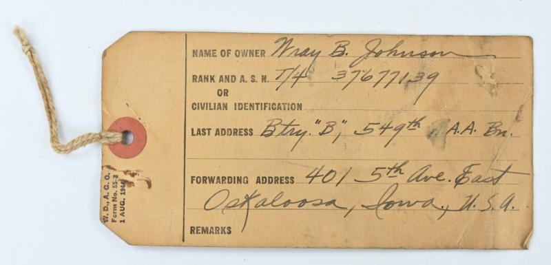 US WW2 Hand Baggage label ''Camp Tophat''