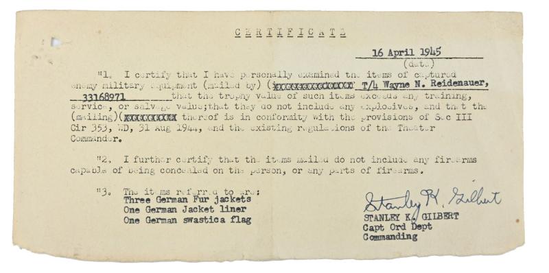 US WW2 Captured Military Items Certificate