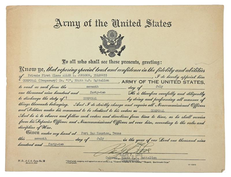 US WW2 Promotion Certificate Cpl. Allen L. Johnson 504th MP Battalion